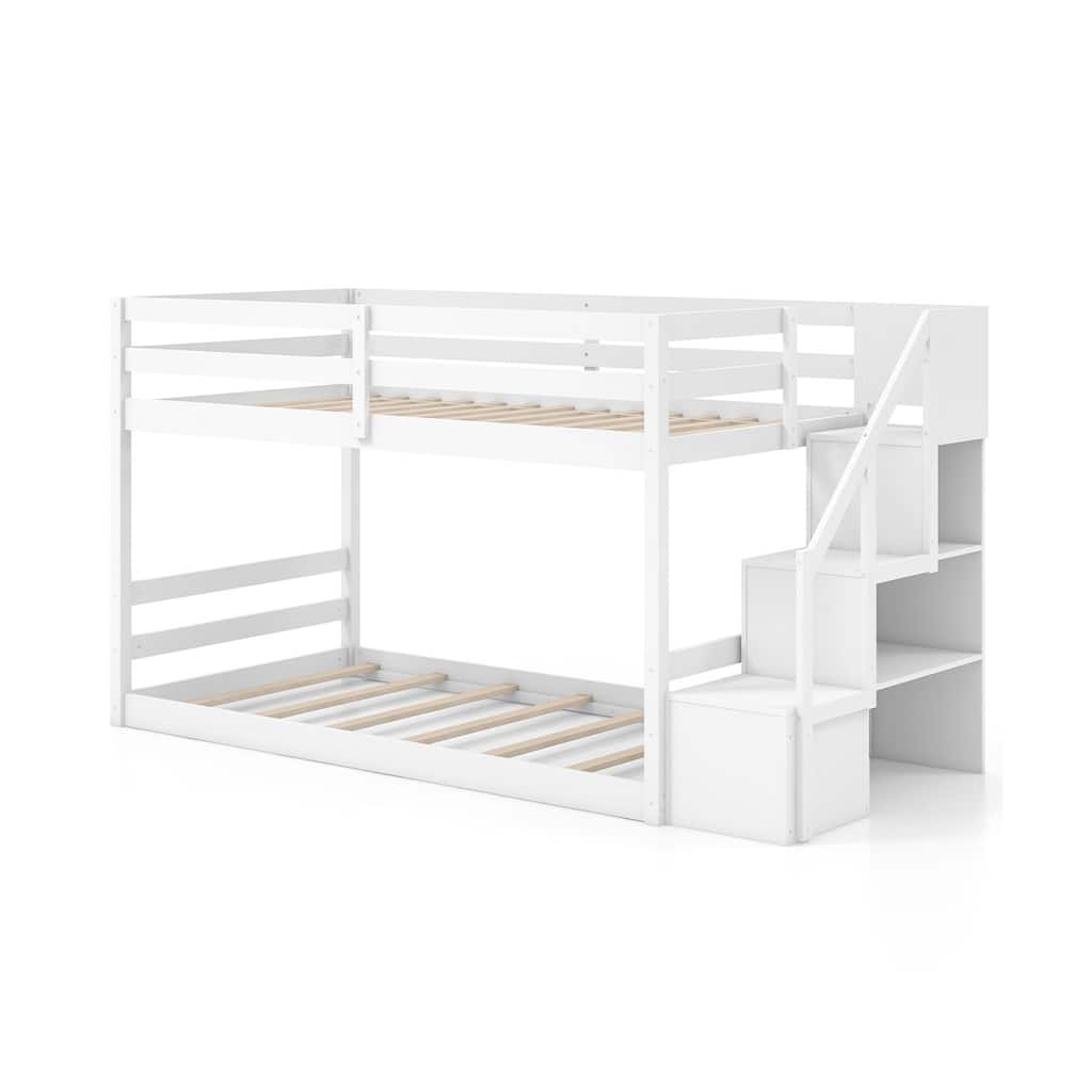 Twin Over Twin Low Bunk Bed with Storage Stairs, Floor Bunk Bed Frame