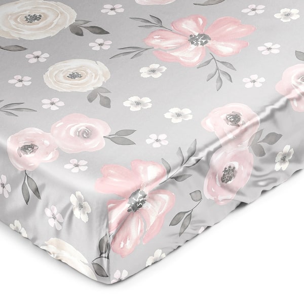 slide 2 of 6, Sweet Jojo Designs Grey Watercolor Floral Girl Satin Fitted Crib Sheet Blush Pink Gray White Shabby Chic Rose Flower Farmhouse