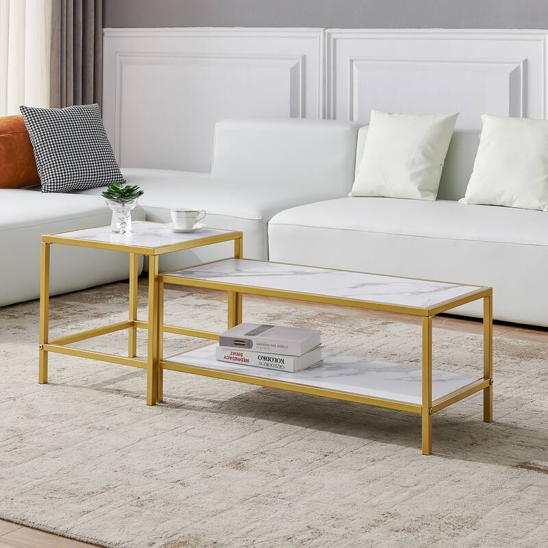 Wood marble color top Modern Nesting coffee table Square & rectangle With Black metal frame