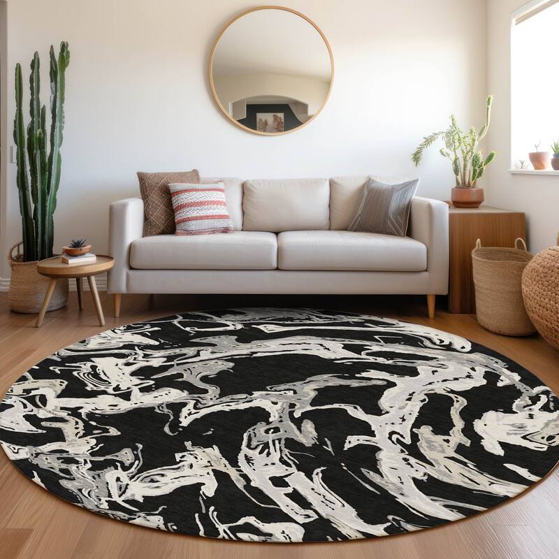 Machine Washable Indoor/ Outdoor Modern Wave Chantille Rug - Black - 8' x 8'