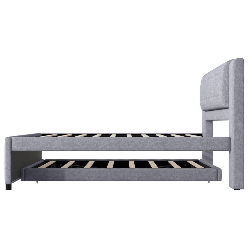 Full Size Upholstered Platform Bed with Pull-Out Trundle, Modern Bed Frame with Headboard, Trundle can be flat or erected