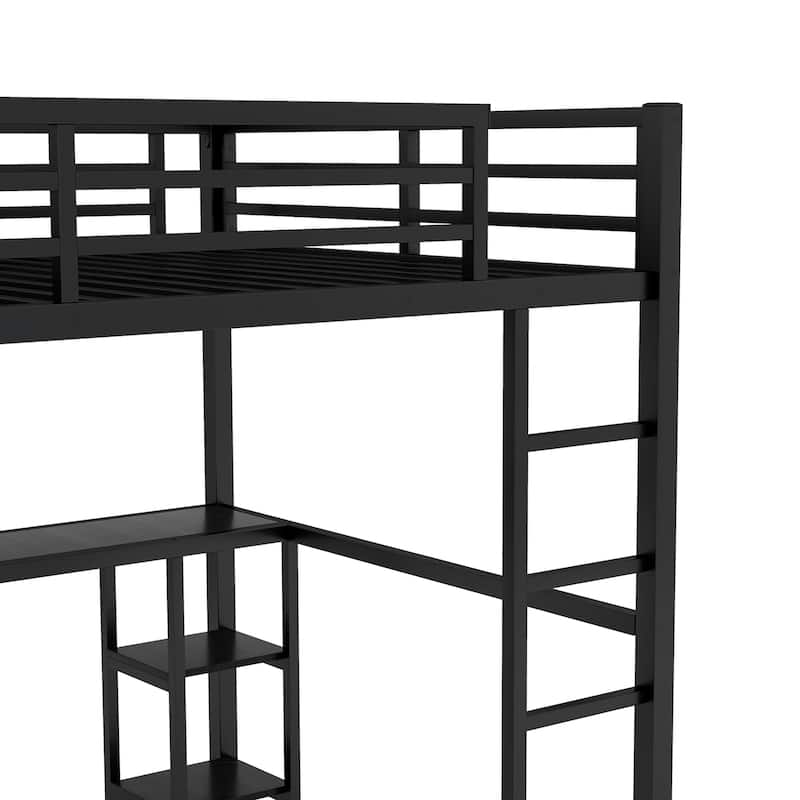 Loft Bed with Built-in Wardrobe, Desk, and Storage Shelves, Space-Saving Design