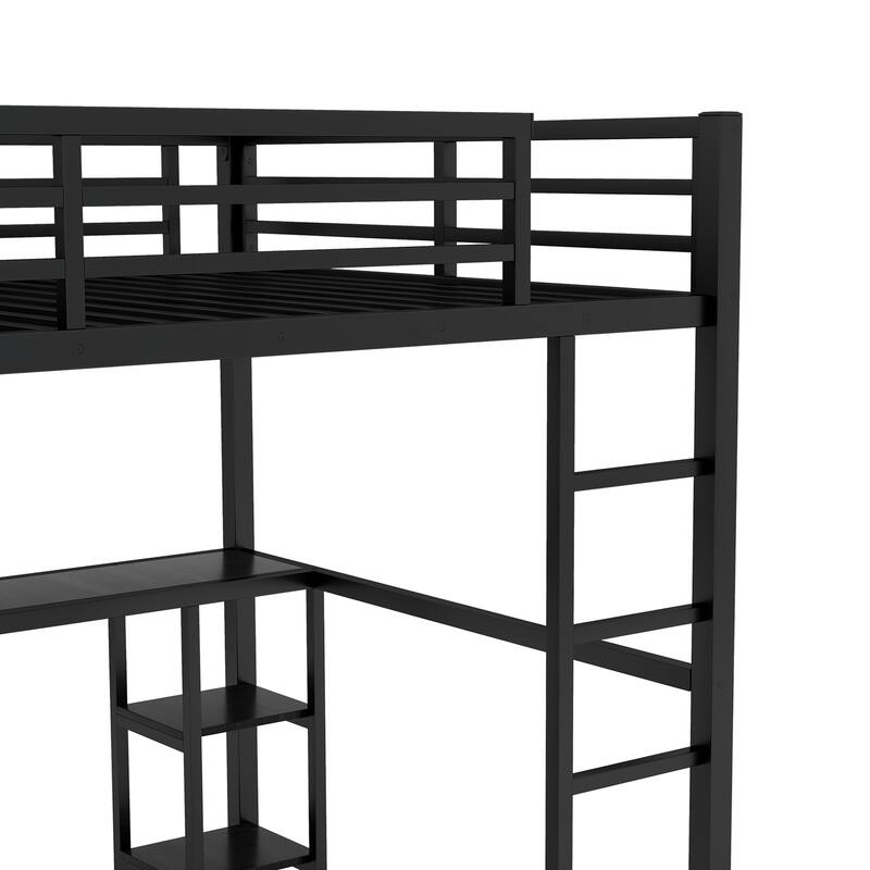 Modern Queen Size Metal Loft Bed with Built-in Wardrobe, Desk and Open Shelves, Storage Bed Frame with Guardrails and Stairs