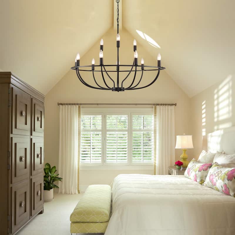 12 - Light Dimmable Black Wagon Wheel Chandelier - N/A