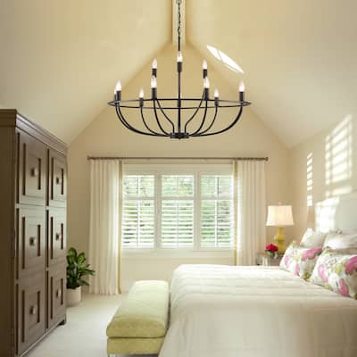 12 - Light Dimmable Black Wagon Wheel Chandelier - N/A