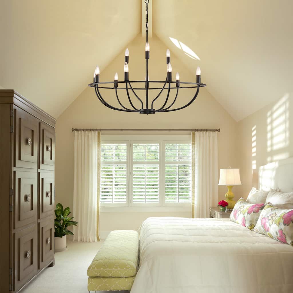 12 - Light Dimmable Black Wagon Wheel Chandelier - N/A
