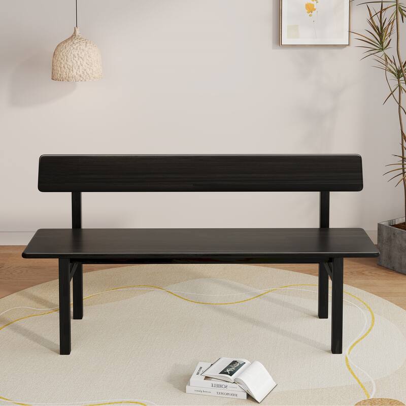 63" Farmhouse Dining Bench with Backrest Solid Wood Bench for Entryway