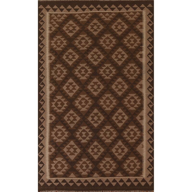 Brown Tribal Geometric Kilim Oriental Area Rug Flat-weave Wool Carpet - 5'3" x 8'1"