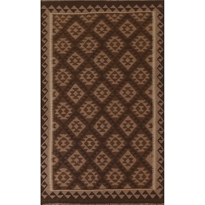 Brown Tribal Geometric Kilim Oriental Area Rug Flat-weave Wool Carpet - 5'3" x 8'1"