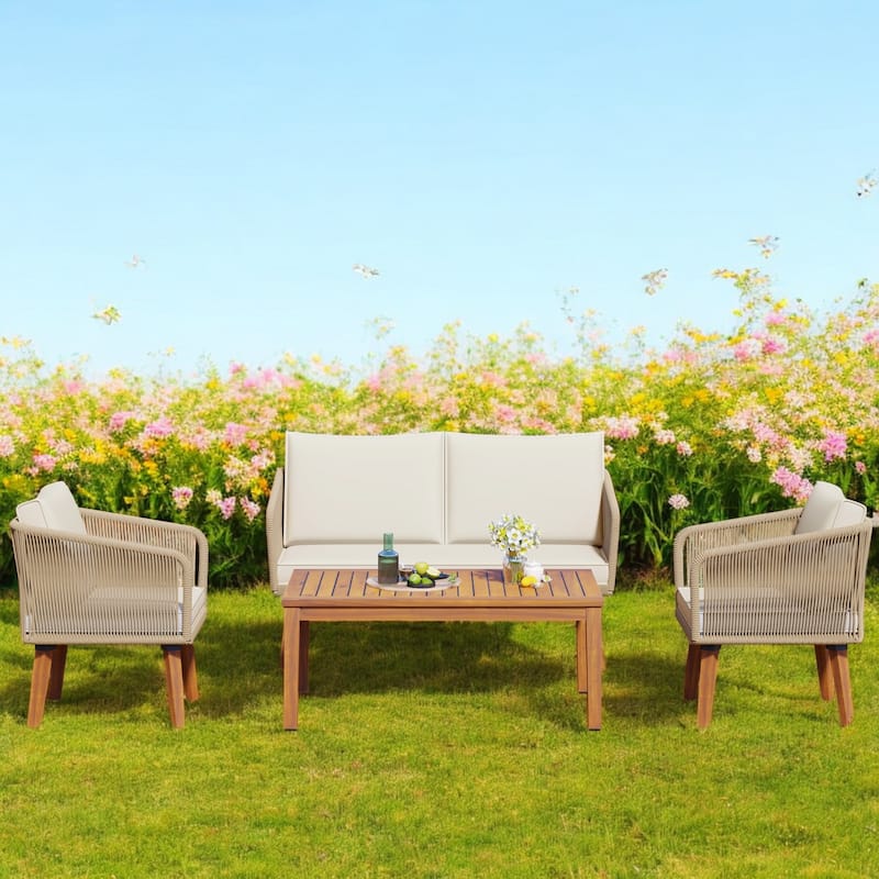 4-Piece Outdoor Patio Furniture Set with Loveseat, Cushions, and Rope Design Chairs for Backyard, Poolside, and Garden