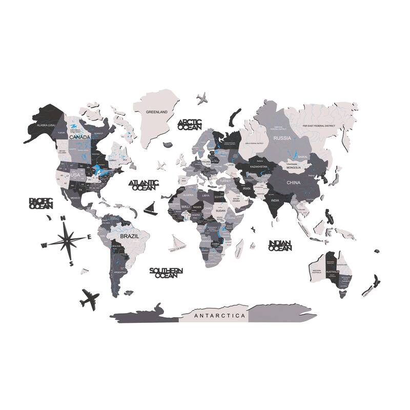 HomeRoots 35" X 59" Black Gray and White Wood World Map Hanging Dimensional Sculpture