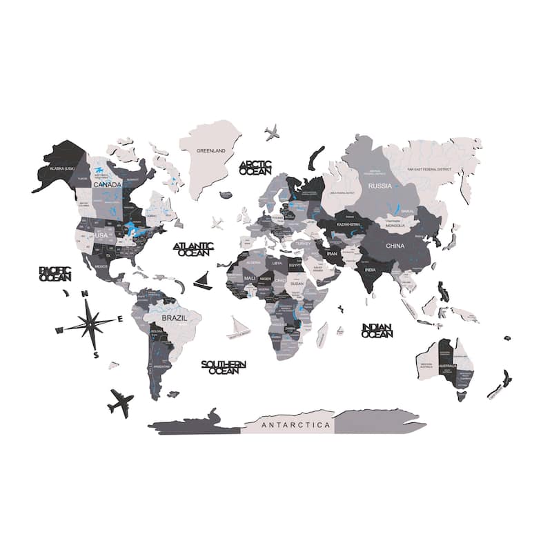 HomeRoots 47" X 79" Black Gray and White Wood World Map Hanging Dimensional Sculpture