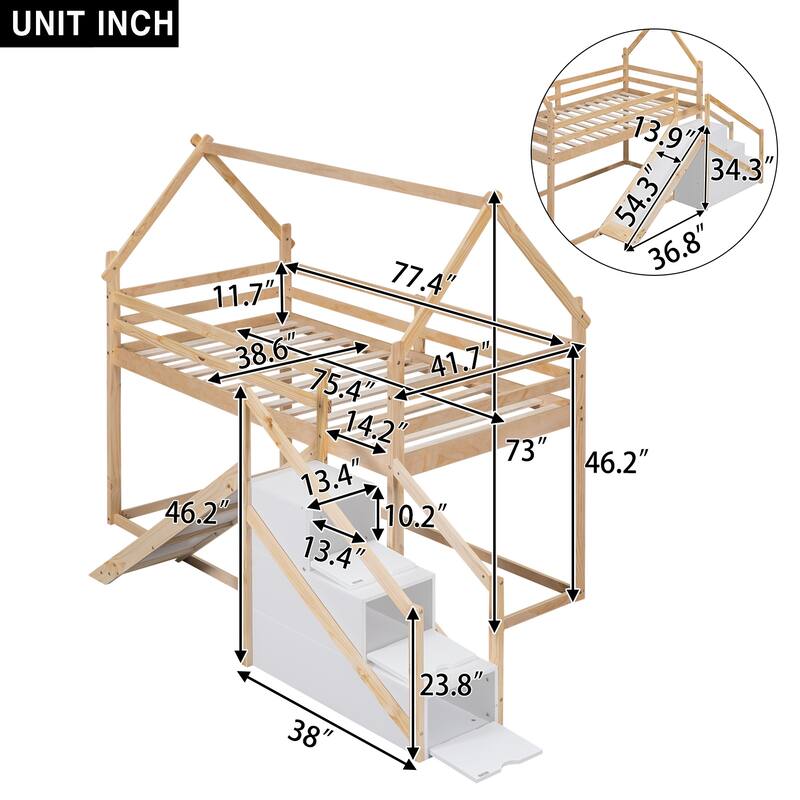 Twin over Twin House Loft or Bunk Bed with Slide, Staircase Storage, and Space-Saving Design, Made from Pine Wood and MDF