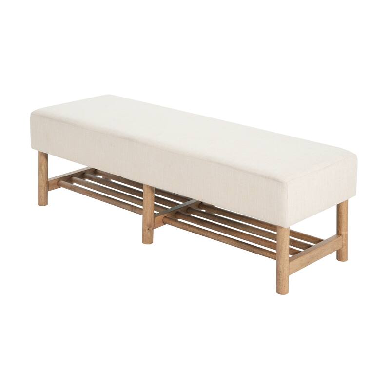 Rectangular Upholstered Linen Fabric Ottoman Bench, Solid Wood Legs, Beige