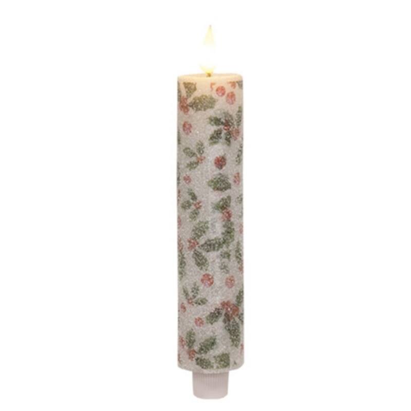 White Red Green LED Taper Candle with Holly Berries and Timer - 8"