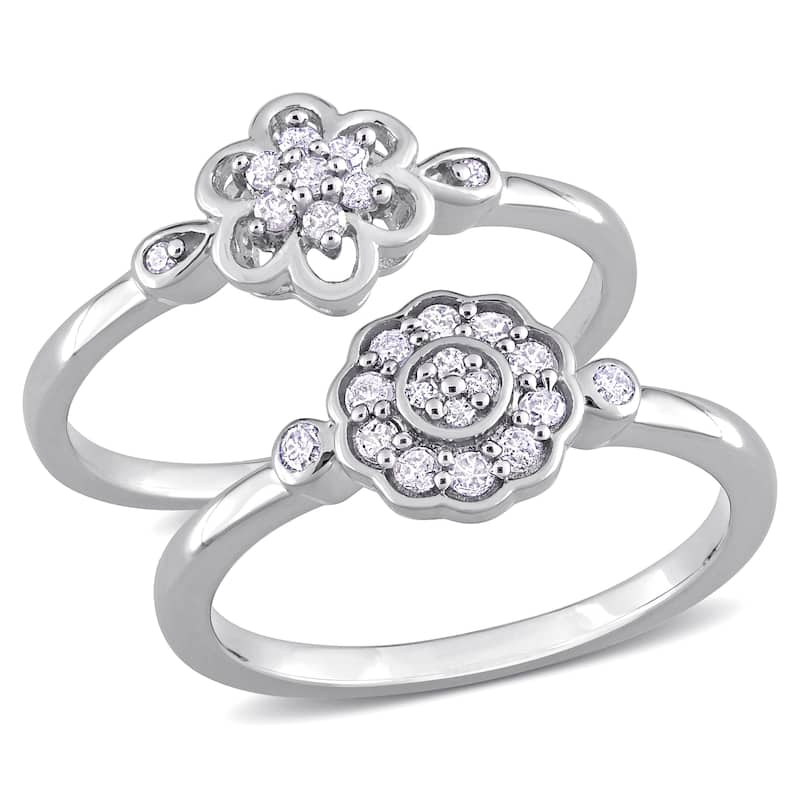 Miadora 1/3ct TW Diamond Flower Rings 2-Piece Set Sterling Silver