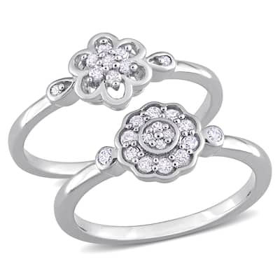 Miadora 1/3ct TW Diamond Flower Rings 2-Piece Set Sterling Silver