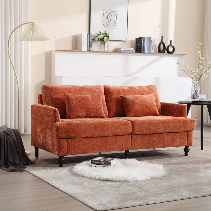 Orange Modern Chenille 68.9'' 2-Seater Sofa: Detachable Cushions, Solid Wood Frame, and Brown Wooden Legs - Dark Orange