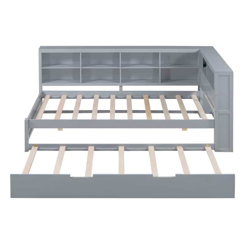 Wooden Twin Size DayBed with Twin Size Trundle, DayBed with Storage Shelf and USB Charging Ports