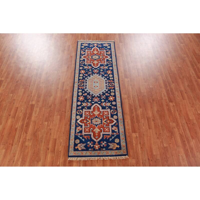 Hand Knotted Oriental 100% Wool Carpet Traditional Geometric Navy Blue & Blues Kazak Runner Rug - 7' 9'' X 2' 7''