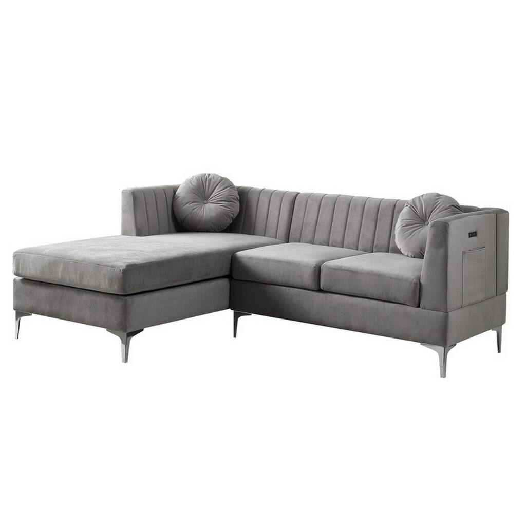Pali 86 Inch Sectional Sofa and Chaise with USB Ports, Smooth Gray Velvet
