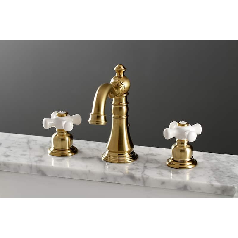 Kingston Brass American Classic Two-Handle 3-Hole Deck Mount Widespread Bathroom Faucet with Pop-Up Drain