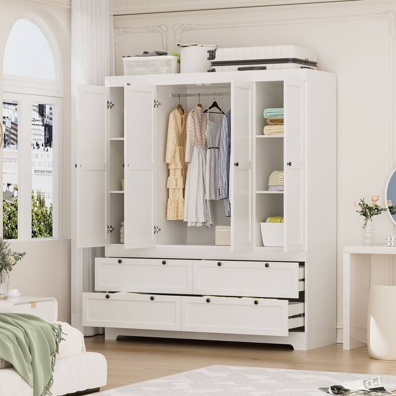 Gyomojoy Large White Wardrobe Closet with Drawers & Doors, Modular Armoire with Hanging Rods, Apartment & Dorm Storage