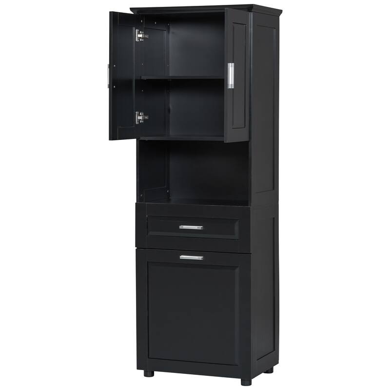 Freestanding Tall Bathroom Double Door Storage Cabinet with Removable Laundry Basket, Open Shelf, Drawer and Adjustable Shelf