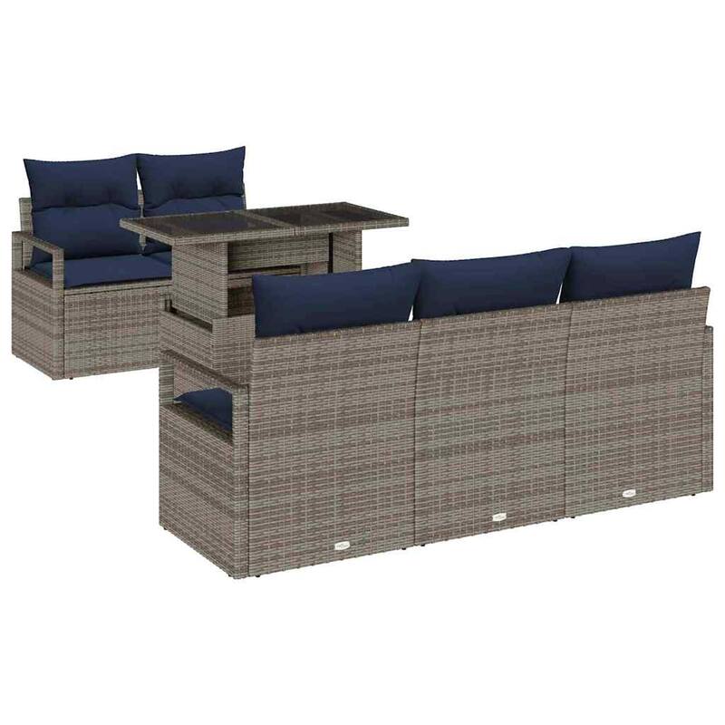 vidaXL 6 Garden Sofa Set with Cushions Black/Brown/Grey Poly Rattan - 68.9 x 24.4 x 27.2