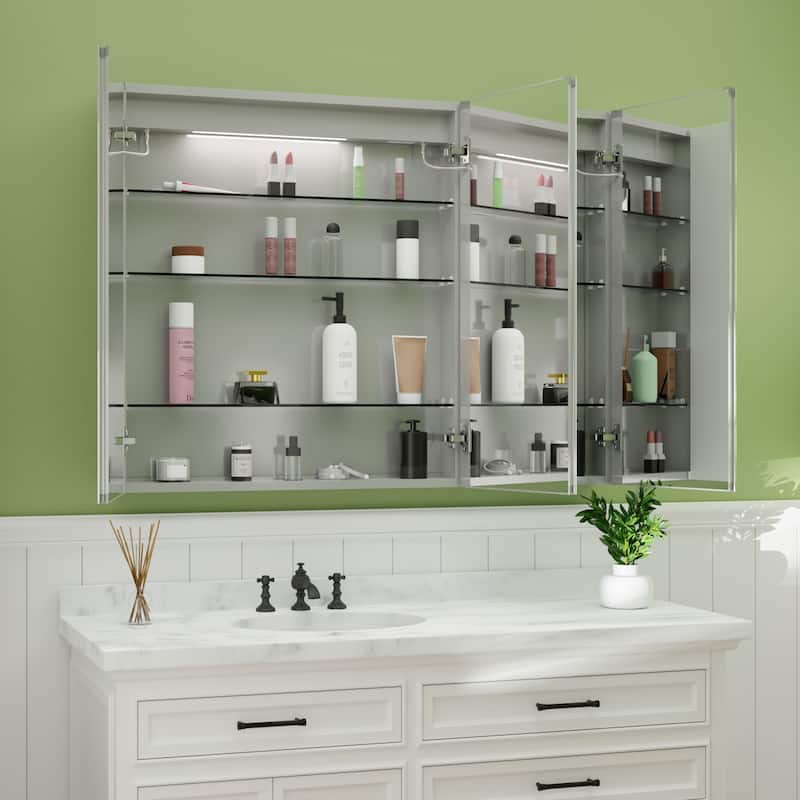 ExBrite LED Lighted Bathroom Medicine Cabinet with Mirror, Recessed or Surface