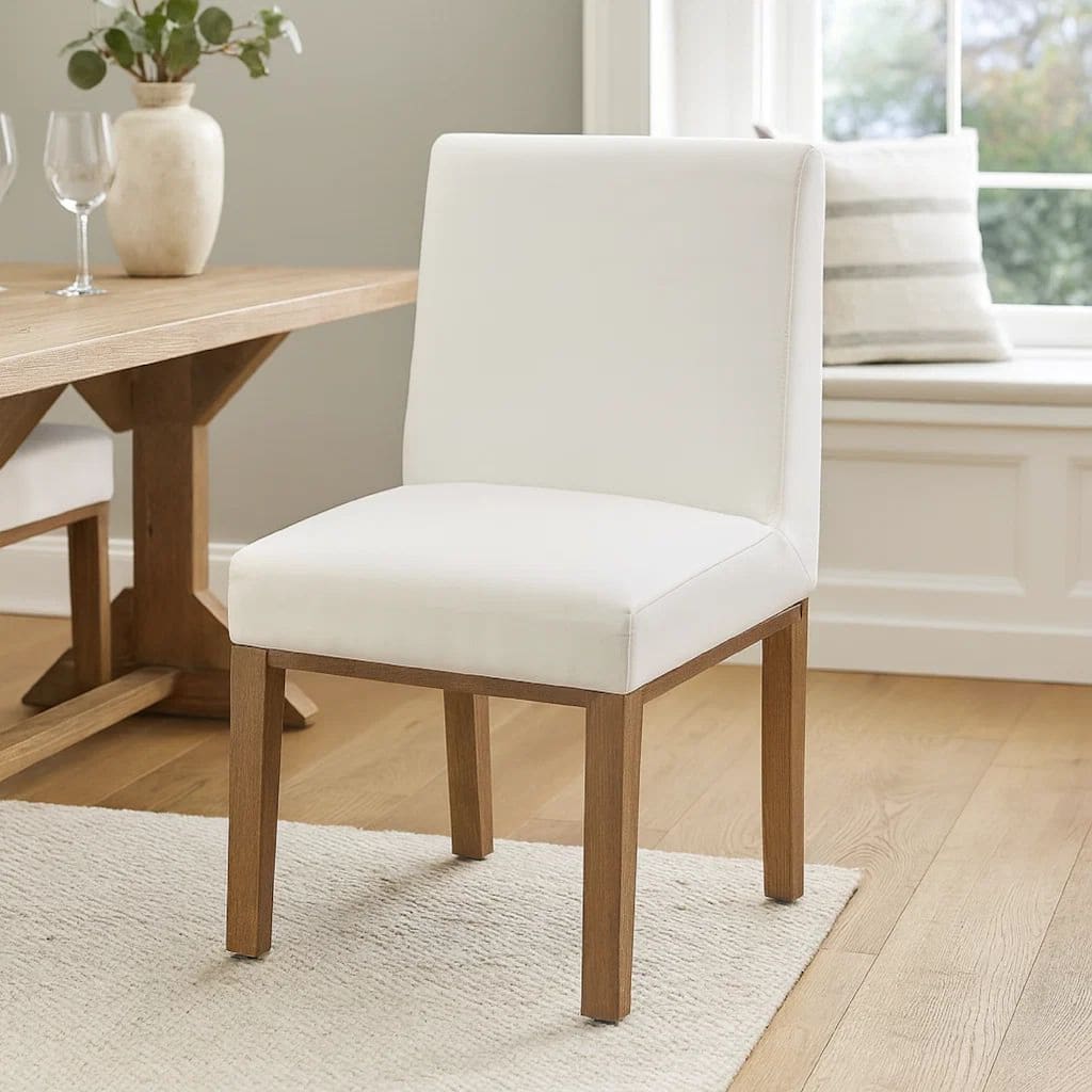 Rux 19 Inch Dining Chair, White Polyester, Wood Legs, Set of 2, White, Brown