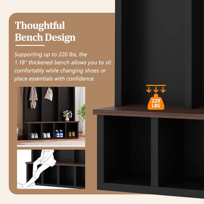 Farmhouse Hall Tree with Storage Bench & Shoe Cabinet, Arched Entryway Organizer with 5 Hooks and 7 Cubbies, Walnut Finish