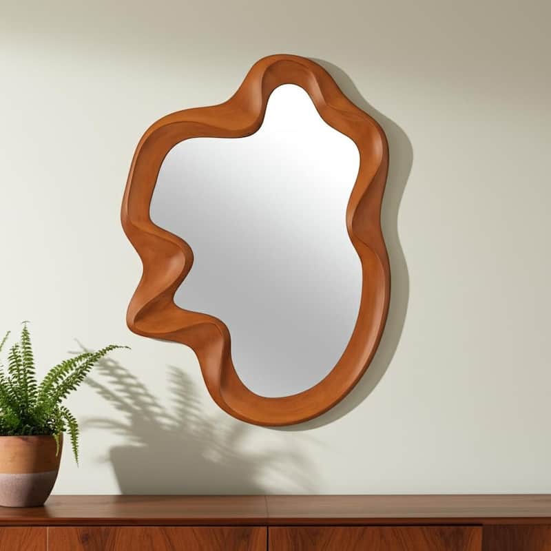 HomeRoots 35" Brown Solid Wood Abstract Geometric Framed Accent Mirror - 26.00 in. x 34.80 in. x 2.00 in. - 26.00 in. x 34.80 in.  x 2.00 in.