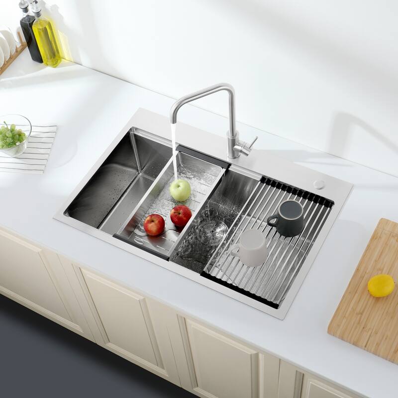 Dark Gray 33 Inch Single Bowl Overmount Kitchen Sink 304 Stainless Steel Brushed Chrome with Cutting Board, Dish Grid