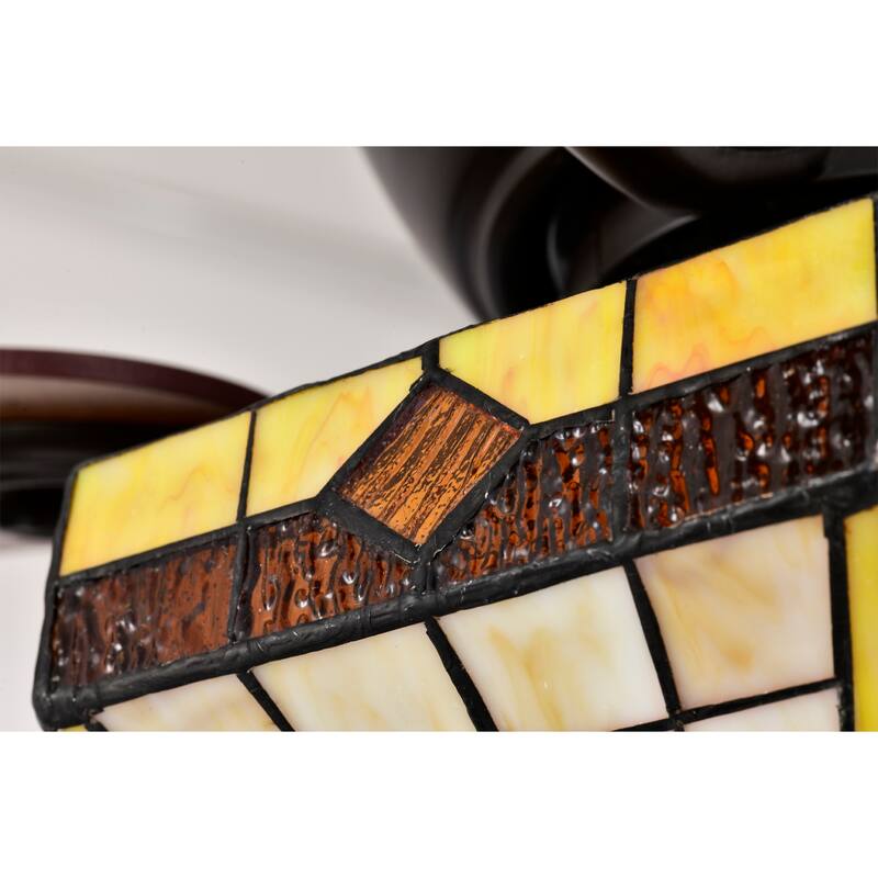 Lymelyn 52-Inch Flushmount Lighted Ceiling Fan Ivory Geometric Tiffany Glass Lamp Black Finish