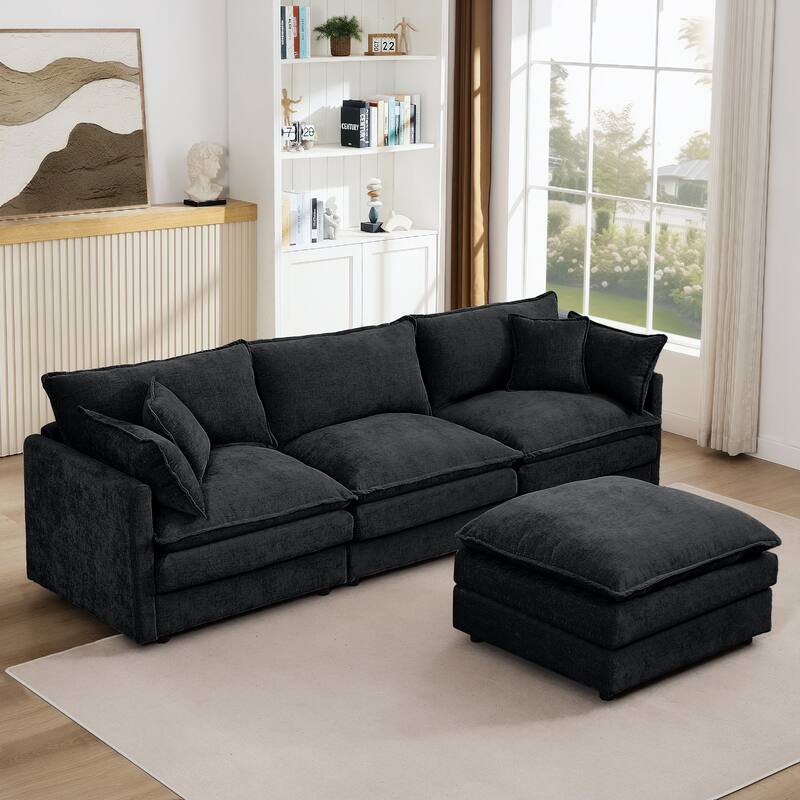 L Shape Modular Sectional Sofa Chenille Upholstered Couch wOttoman