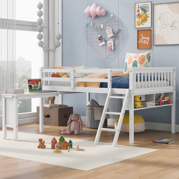 slide 2 of 9, Full Size Solid Pine Wood Frame Loft Bed With Removable Desk and Cabinet White