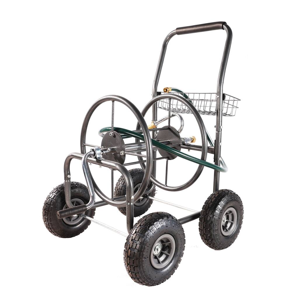 Heavy-Duty 4-Wheel Garden Hose Reel Cart - Portable with Storage Basket & Rust-Resistant