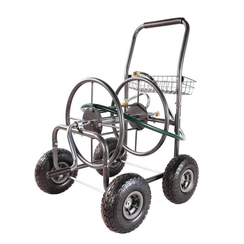 Hose Reel Cart with 4 Wheels, Foam-Padded Handle, Storage Basket, and Weather-Resistant Coating - ABS+Rubber+Steel (Q235) - Grey