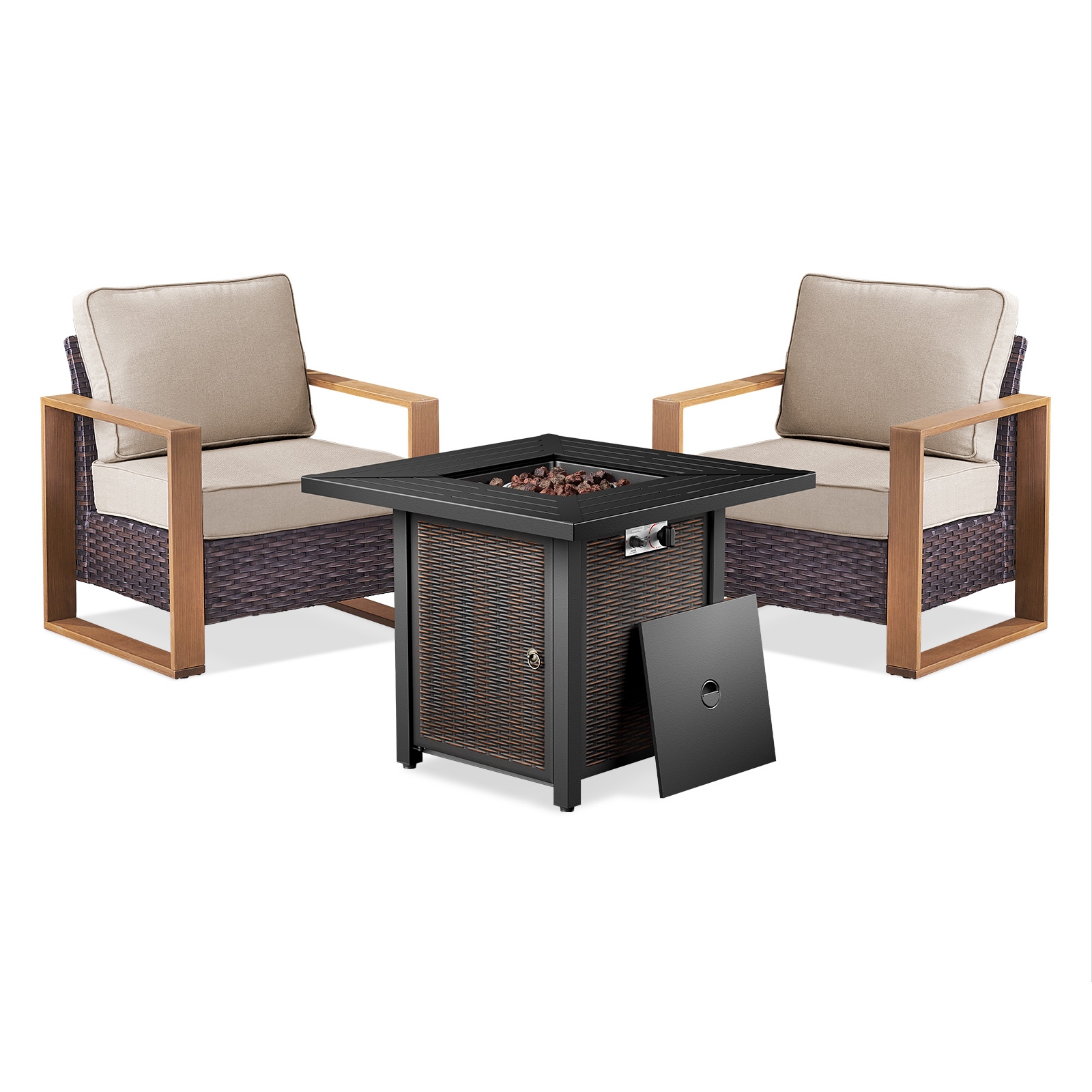 Meyreso 3-Piece Wicker Patio Conversation Set with Metal Fire Pit & Plush 4.5" Olefin Cushions