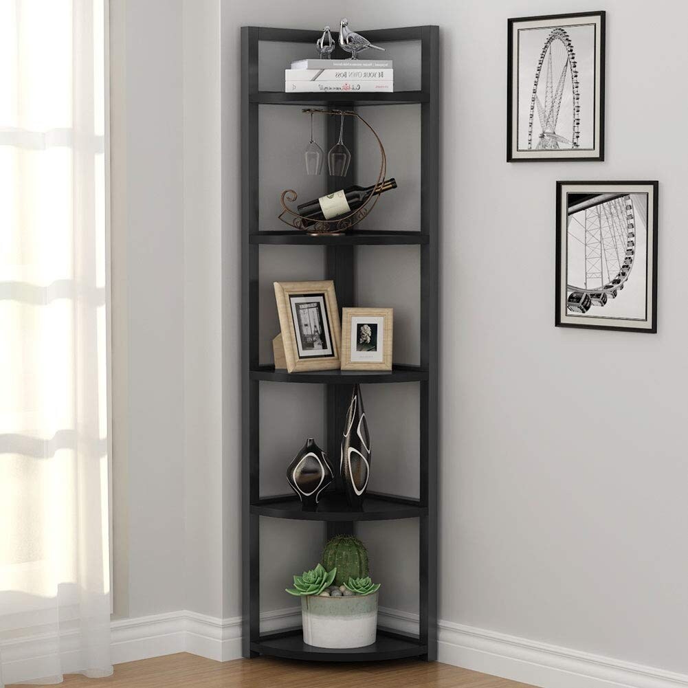 5 Tier Shelves Wood Corner Shelf Display Rack Stand Furniture Storage Home Black 