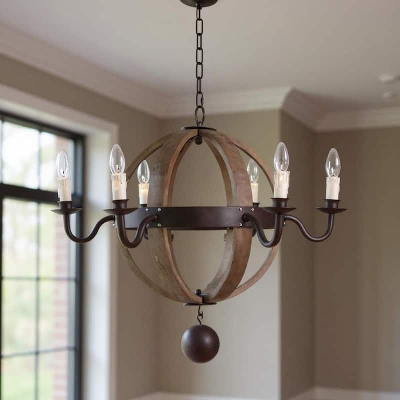 HomeRoots Brown And Black Wood and Metal Sphere Six Light Dimmable Chandelier - 25.00' X '30.50' X '30.50 - 25.00' X '30.50' X '30.50
