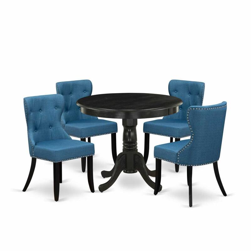 HomeStock 5-Piece Round Wire Brushed Black Finish Solid Wood Top Dining Table with 4 Parson Chair with Lattice Back