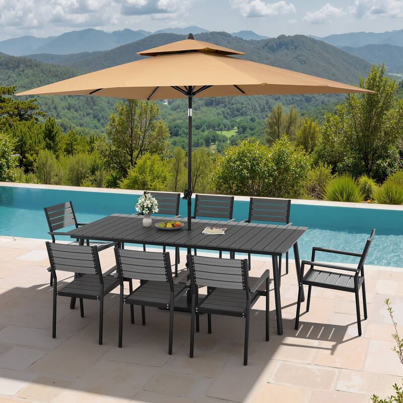 11PC Outdoor Patio Dining Set Aluminum Table with Stackable Armchairs w/ Market Umbrella Set - GreyTable&GreyChairs&TanUmbrella