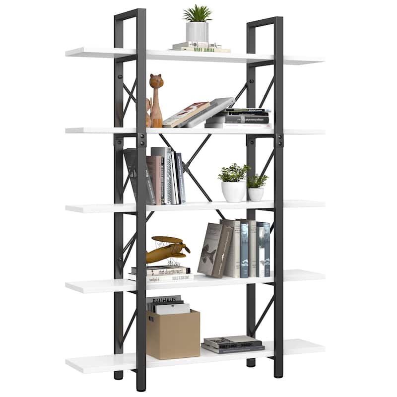 Moasis 5-Tier Bookshelf, Vintage Industrial Style Bookcase Display Shelves for Living Room - White/Black