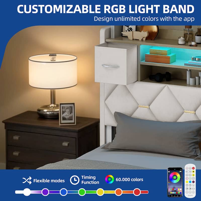 Moasis Upholstered Bed Frame with Storage Headboard And Charging Station and LED Light