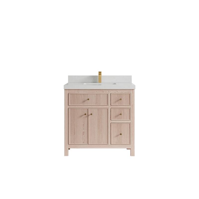 Willow Collections 36 x 22 Sonoma Oak Wood Center Sink Left Bathroom Vanity with Quartz or Marble Countertop - 2"Carrara Quartz - White Oak