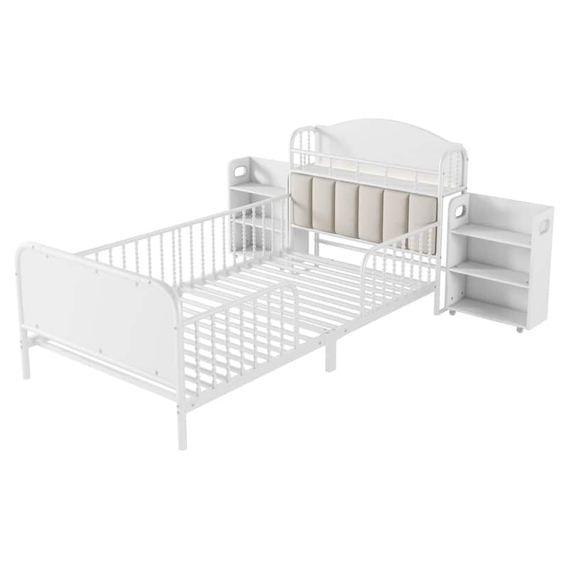 Kids Platform Bed Metal Frame with Linen Fabric Upholstered Storage Headboard Built-in Light Strip, Both Sides Rails