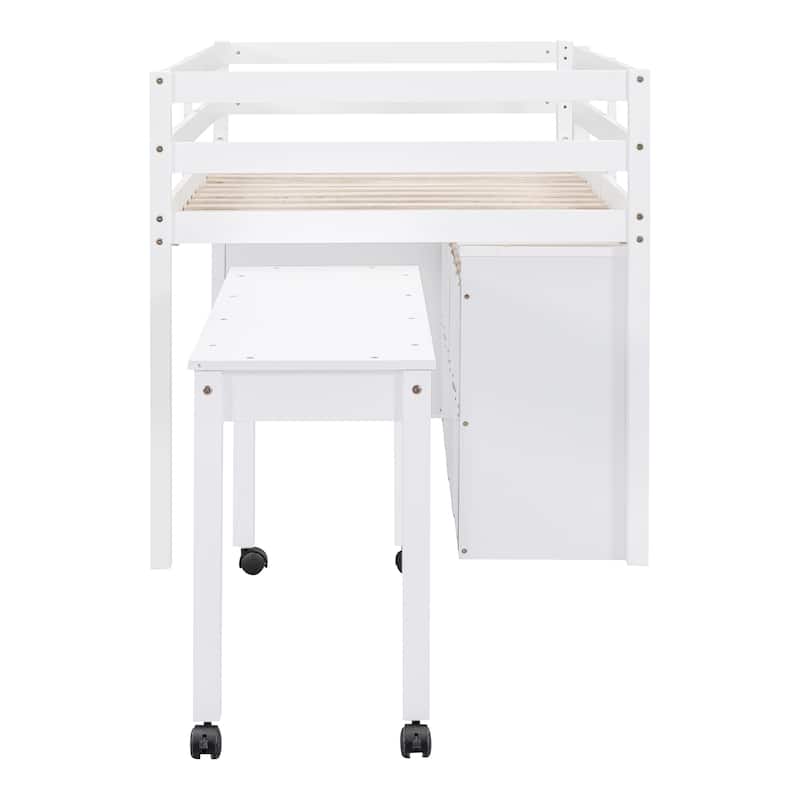 Solid Wood Loft Bed with Retractable Writing Desk and 4 Drawers, Lateral Portable Desk and Shelves