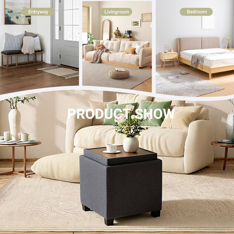RENEWLINE ​18" Square Storage Ottoman with Tray - 250LBS Weight Capacity, Leather Upholstered Footstool for Living Room